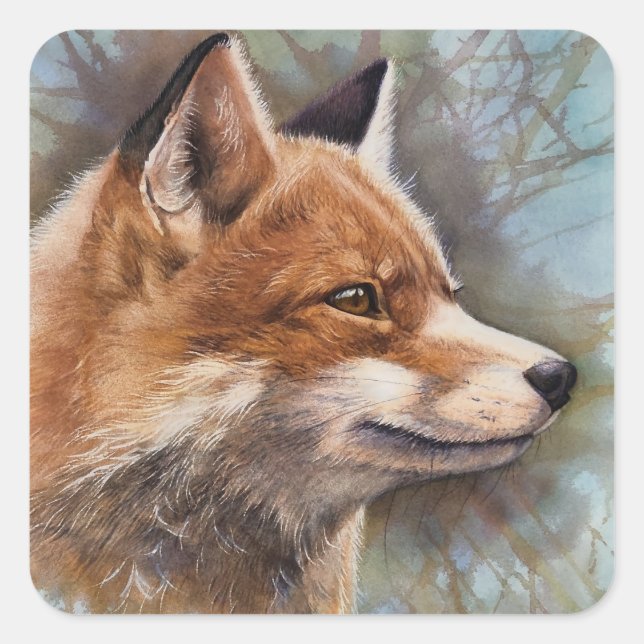Red Fox Profil Portrait Wasserfarbe Hintergrundbil Quadratischer Aufkleber (Vorderseite)