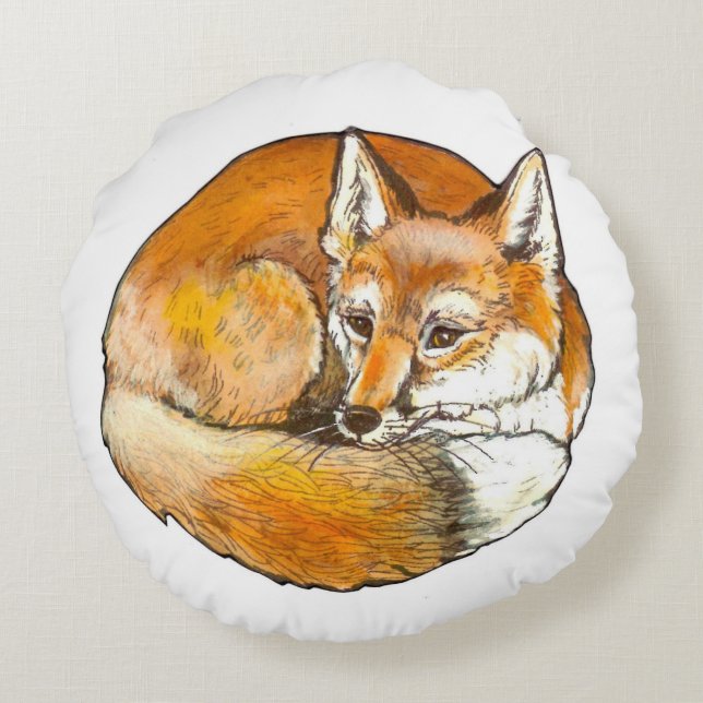 Red Fox Round Throw Kissen, Original Artwork Rundes Kissen (Rückseite)