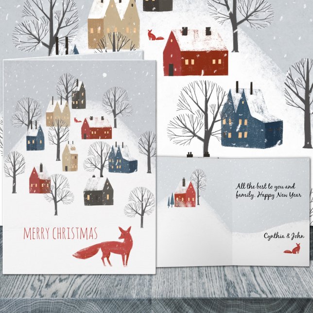 Red Fox Snowy Nordic Village Frohe Weihnachten (Red Fox Snowy Nordic Village Merry Christmas Holiday Wraparound Graphics Folded Card in 2 sizes.)