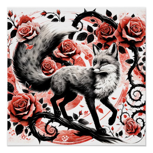 Red Fox und Rose mit Thornes Linocut Poster (Vorderseite)