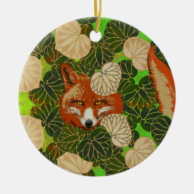 RED FOX UNTER DEN GRÜNEN BLÄTTER UND FOLIAGE  KERAMIK ORNAMENT (Vorne)