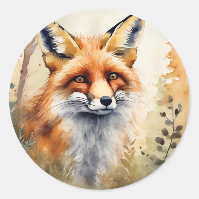 Red Fox Watercolor Runder Aufkleber (Vorderseite)