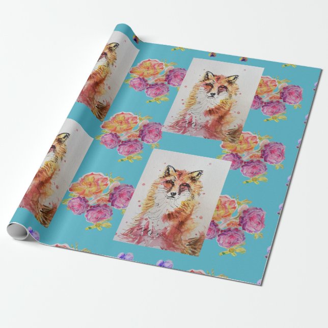Red Fox Watercolor Woodland Aquamarine Rose Geschenkpapier (Ungerollt)