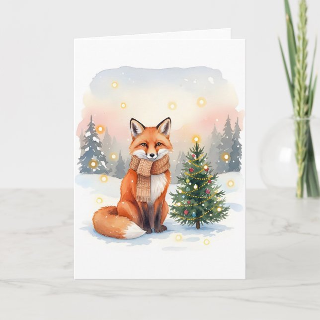 Red Fox with Brown Scarf and Christmas Tree Karte (Vorderseite)