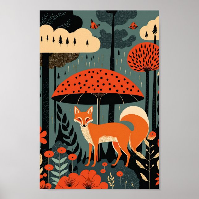 Red Fox Woods Skandinavische Moderne Kunst Poster (Vorne)