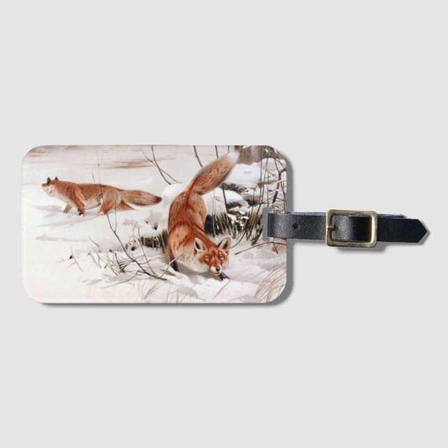 Red Foxes in the Winter Snow (by Wilhelm Kuhnert) Gepäckanhänger (Vorderseite (Horizontal))