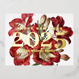 Red Freesia Blume glücklich Neues Jahr 2025 Gold Folien Feiertagspostkarte