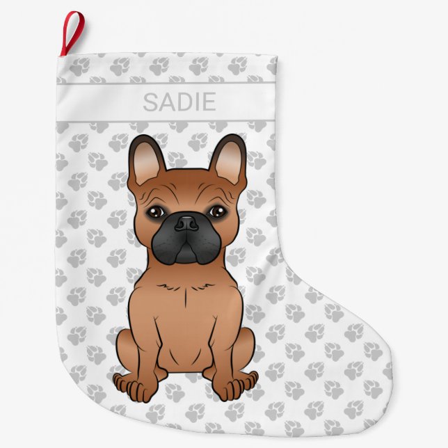 Red French Bulldog / Frenchie Cartoon Dog & Name Großer Weihnachtsstrumpf (Vorderseite)