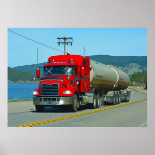 Red Fuel Tanker Truck & Lake Driving Art Print Poster