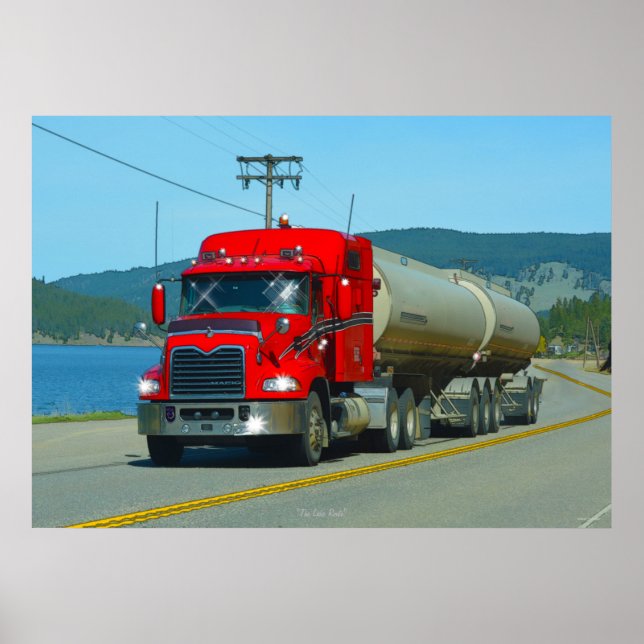 Red Fuel Tanker Truck & Lake Driving Art Print Poster (Vorne)