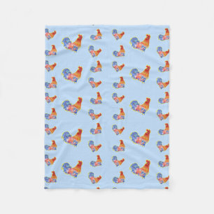 Red Funny Rooster Cockerel Blue und White Spots Fl Fleecedecke
