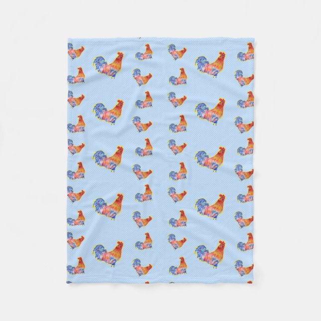 Red Funny Rooster Cockerel Blue und White Spots Fl Fleecedecke (Vorderseite)