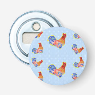 Red Funny Rooster Cockerel Blue und White Spots Flaschenöffner