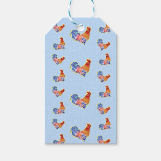 Red Funny Rooster Cockerel Blue und White Spots Geschenkanhänger (Vorderseite)