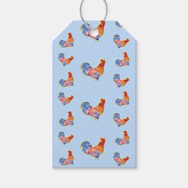 Red Funny Rooster Cockerel Blue und White Spots Geschenkanhänger (Vorderseite)