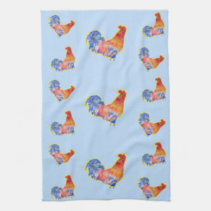Red Funny Rooster Cockerel Blue und White Spots Geschirrtuch