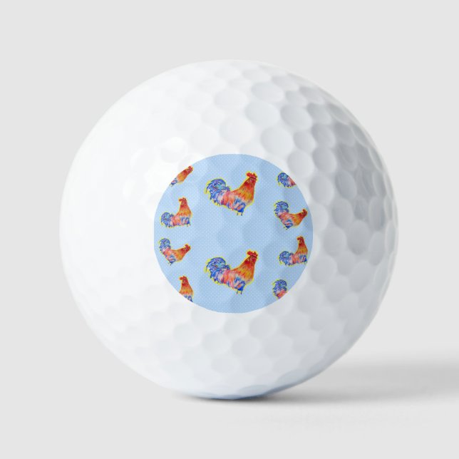 Red Funny Rooster Cockerel Blue und White Spots Golfball (Vorderseite)