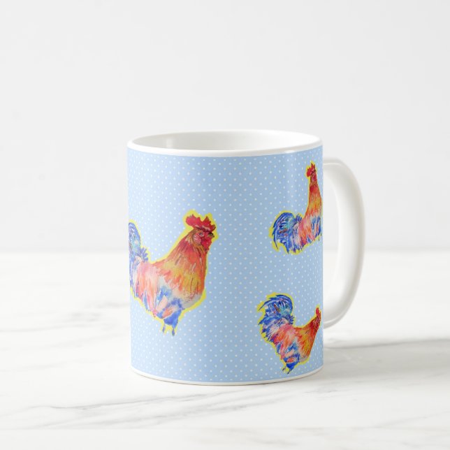 Red Funny Rooster Cockerel Blue und White Spots Kaffeetasse (VorderseiteRechts)