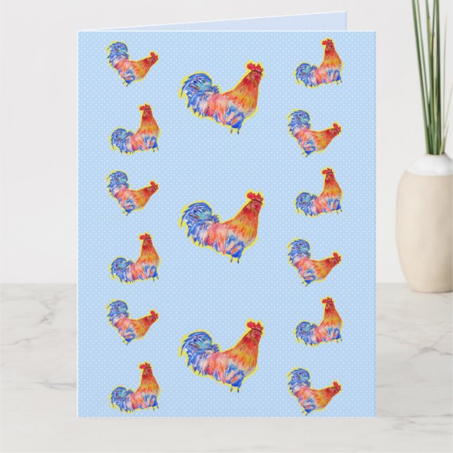 Red Funny Rooster Cockerel Blue und White Spots Karte (Vorderseite)