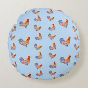 Red Funny Rooster Cockerel Blue und White Spots Rundes Kissen