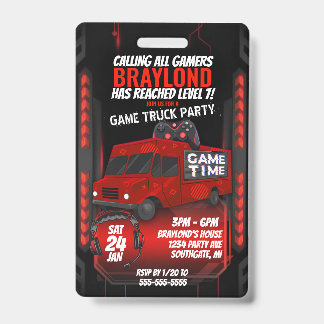 Red Game Truck Birthday Party VIP Einladung Ausweis