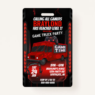 Red Game Truck Birthday Party VIP Einladung Ausweis