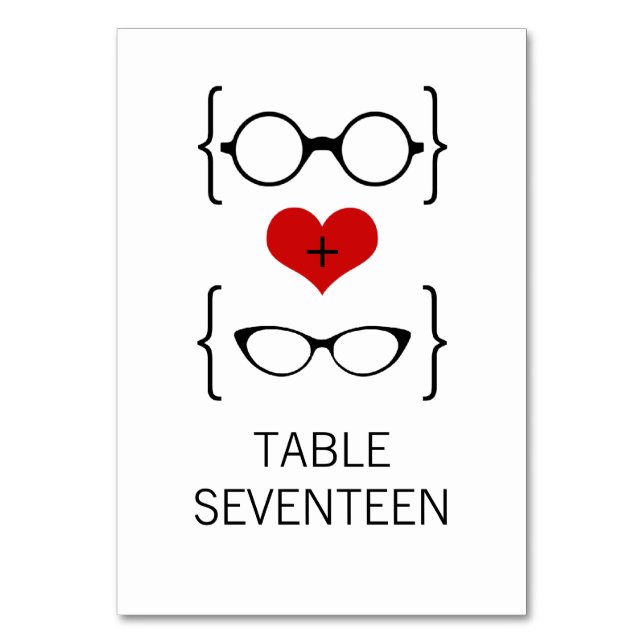 Red Geeky Glasses Wedding Table Card Tischnummer (Vorderseite)