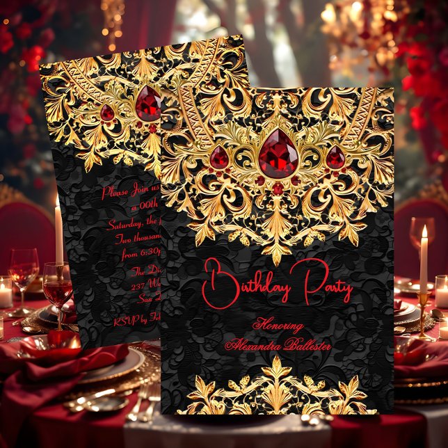 Red Gems Gold Black Lace Damask Birthday Party Einladung (Von Creator hochgeladen)
