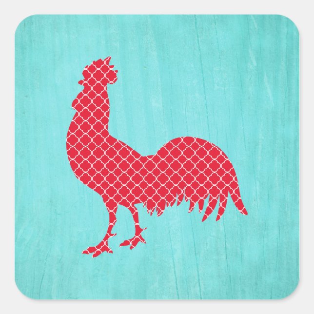 Red Gemustert Rooster Silhouette Quadratischer Aufkleber (Vorderseite)