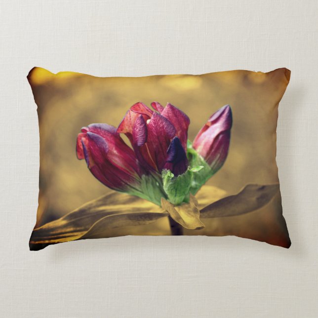 Red Gentian Blume Sepia teilweise Farbe Dekokissen (Vorderseite)