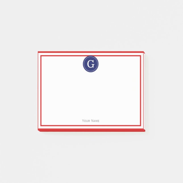 Red Gerahmt Round Navy 1I Monogram Post-it Klebezettel (Vorderseite)