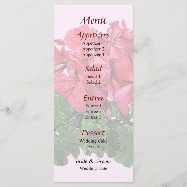 Red Geraniums and Buds Wedding Menu Menükarte (Vorderseite)