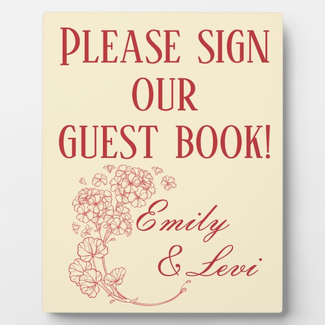 Red Geraniums auf Beige Wedding Gästebuch Fotoplatte (Vorderseite)