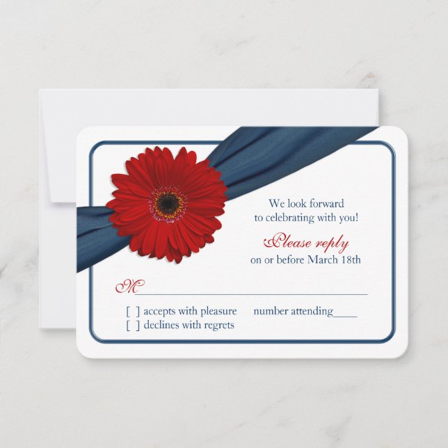 Red Gerber Daisy Navy Blue Ribbon Wedding RSVP (Vorderseite)