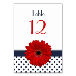 Red Gerber Daisy Navy Blue White Polka Dot Wedding Tischnummer