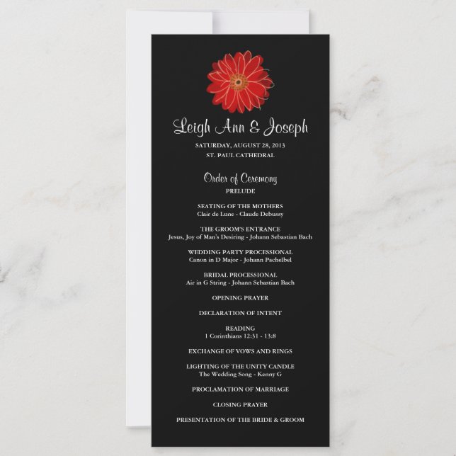 Red Gerber Daisy Wedding Programm (Vorderseite)