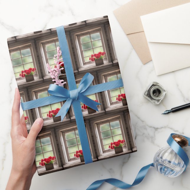 Red Gerbera Daisies in Farmhouse Window Geschenkpapier (Schenken)