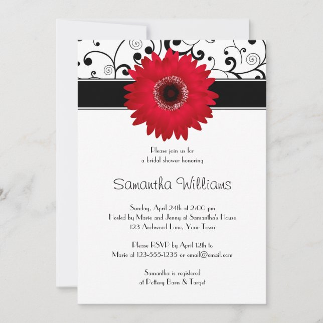 Red Gerbera Daisy Black Scroll Brautparty Einladung (Vorderseite)