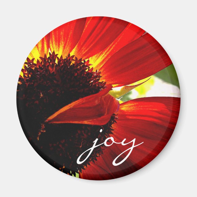 Red Gerbera Daisy Foto Joy Script Bold Modern Magnet (Vorne)