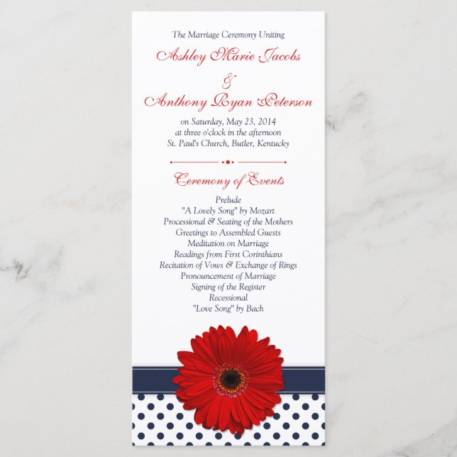 Red Gerbera Daisy Navy Polka Dot Wedding Program Programm (Vorderseite)