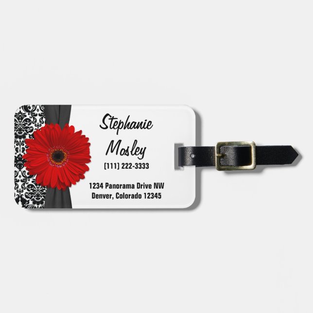 Red Gerbera Daisy Vintag Damask Floral Gepäckanhänger (Vorderseite horizontal)