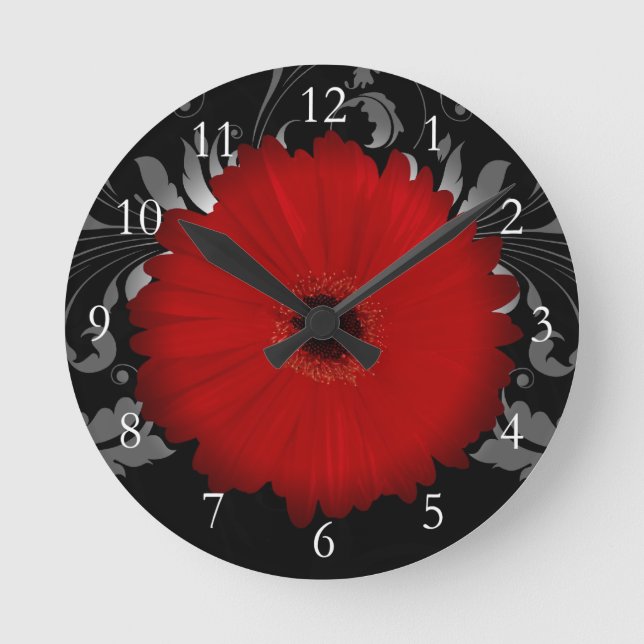 Red Gerbera Daisy w/Swirl Runde Wanduhr (Vorderseite)