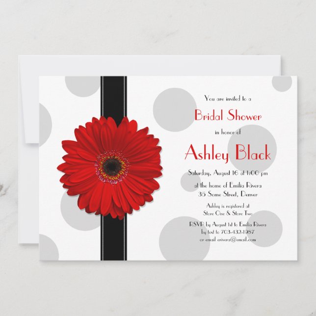 Red Gerbera Polka Dot Bridal Dusche Einladung (Vorderseite)