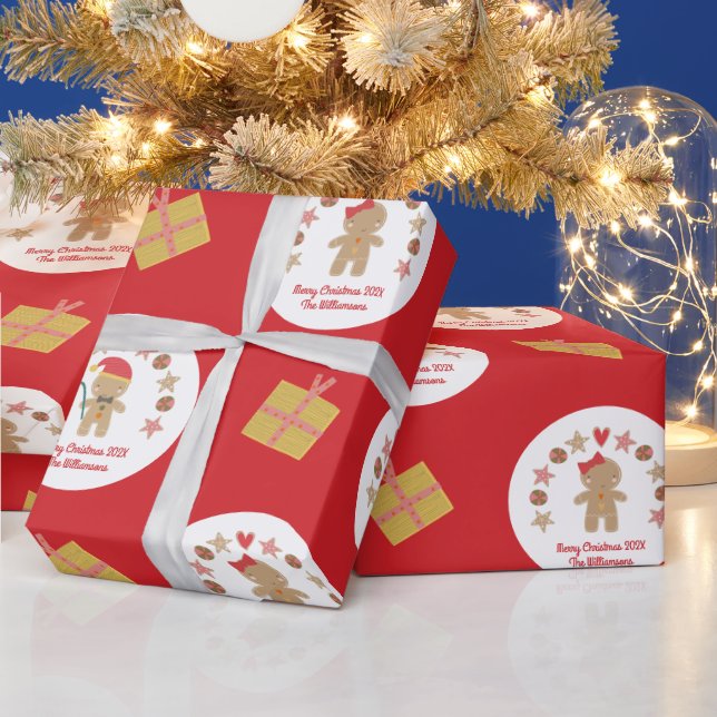 Red Gingerbrot Cookie Script Individuelle Name Nie Geschenkpapier (Feiertage)