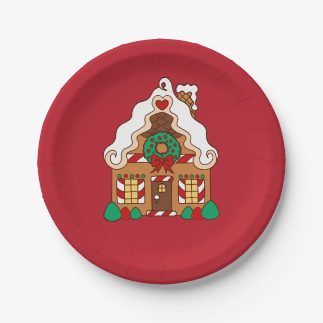 Red Gingerbrot House Weihnachts-Party Papier Telle Pappteller (Vorderseite)