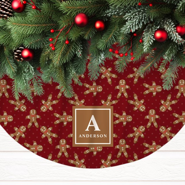 Red Gingerbrot Man Monogram Christmas Polyester Weihnachtsbaumdecke (Von Creator hochgeladen)