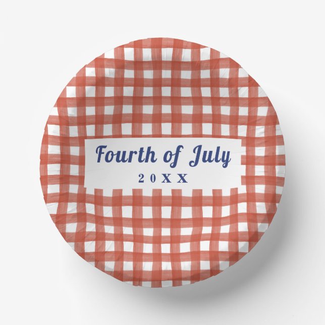 Red Gingham 4. Juli Red White und Blue Pappteller (Vorderseite)