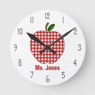 Red Gingham Apple Teacher Clock Runde Wanduhr