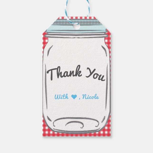 Red Gingham & Blue Mason Jar Rustic Country Gefall Geschenkanhänger (Vorderseite)