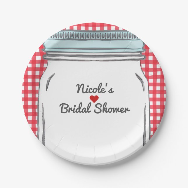 Red Gingham & Blue Mason Jar Rustic Country Party Pappteller (Vorderseite)